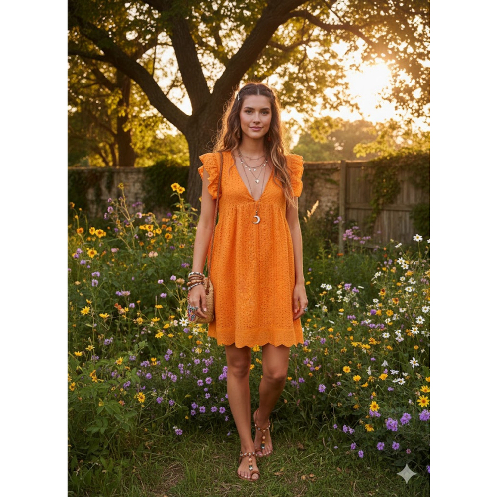 Unbranded Orange Eyelet Lace Mini Dress Romper Large